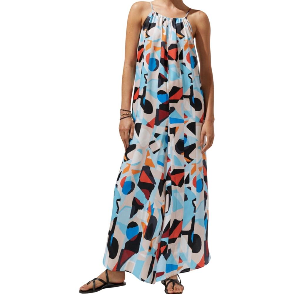 Anthropologie Breezy Wide-Leg Jumpsuit Pull On Pockets Adjustable Blue Multi M